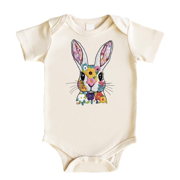Floral Easter Bunny Baby Bodysuit for Girls Ink Printed Embroidery Spring Rabbit One-Piece Natural Bodysuit Newborn