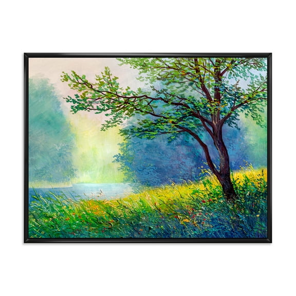 Designart 'Summer Forest With Waterfall and River ' Traditional Framed Canvas Wall Art Print