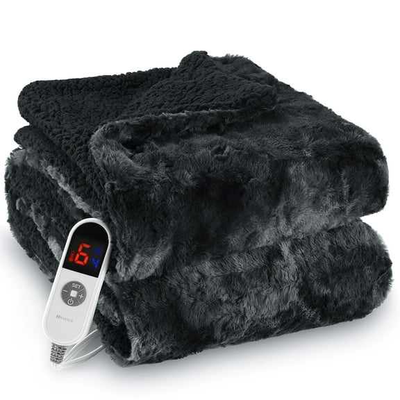 MARNUR Heated Blanket Electric Throw 50" x 60", Soft Faux Fur & Shu Velvet Heated Throw Blanket, 6 Heating Levels, 4 Hours Timer, Tie-Dye Off Black