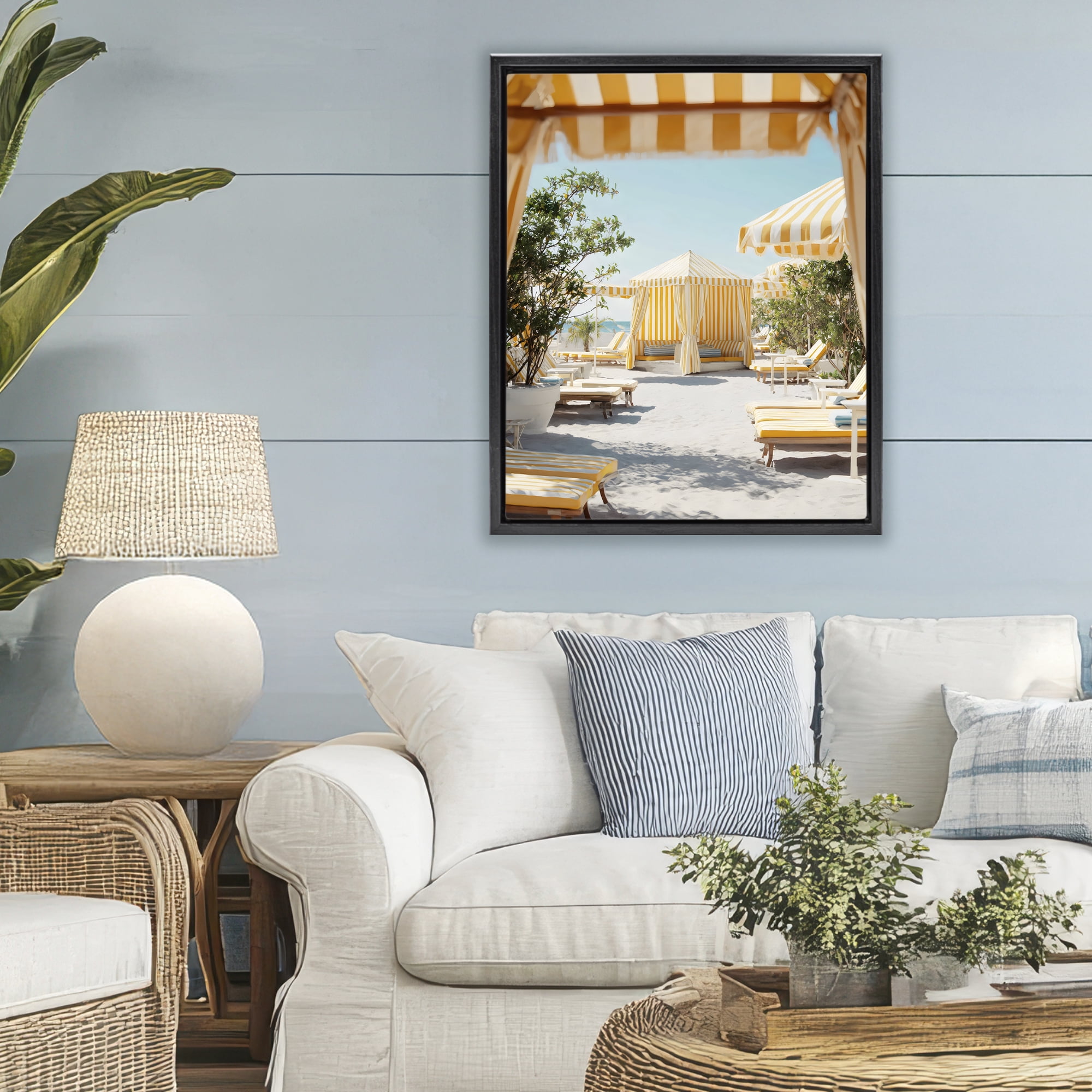 Stupell Industries Yellow Striped Beach Cabanas Black Framed Floater Canvas Wall Art, design by Franklyn Gregory