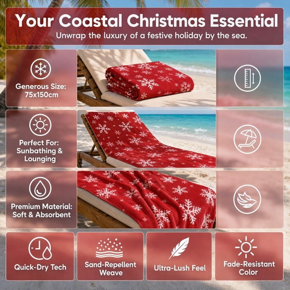 Red Snowflake Beach Towel, Christmas Beach Towel, Microfiber Travel Towel, Soft Absorbent Quick-Dry 29.53x59.06 Inch Large Polyester Towel for Beach Pool Travel Camping Daily Use