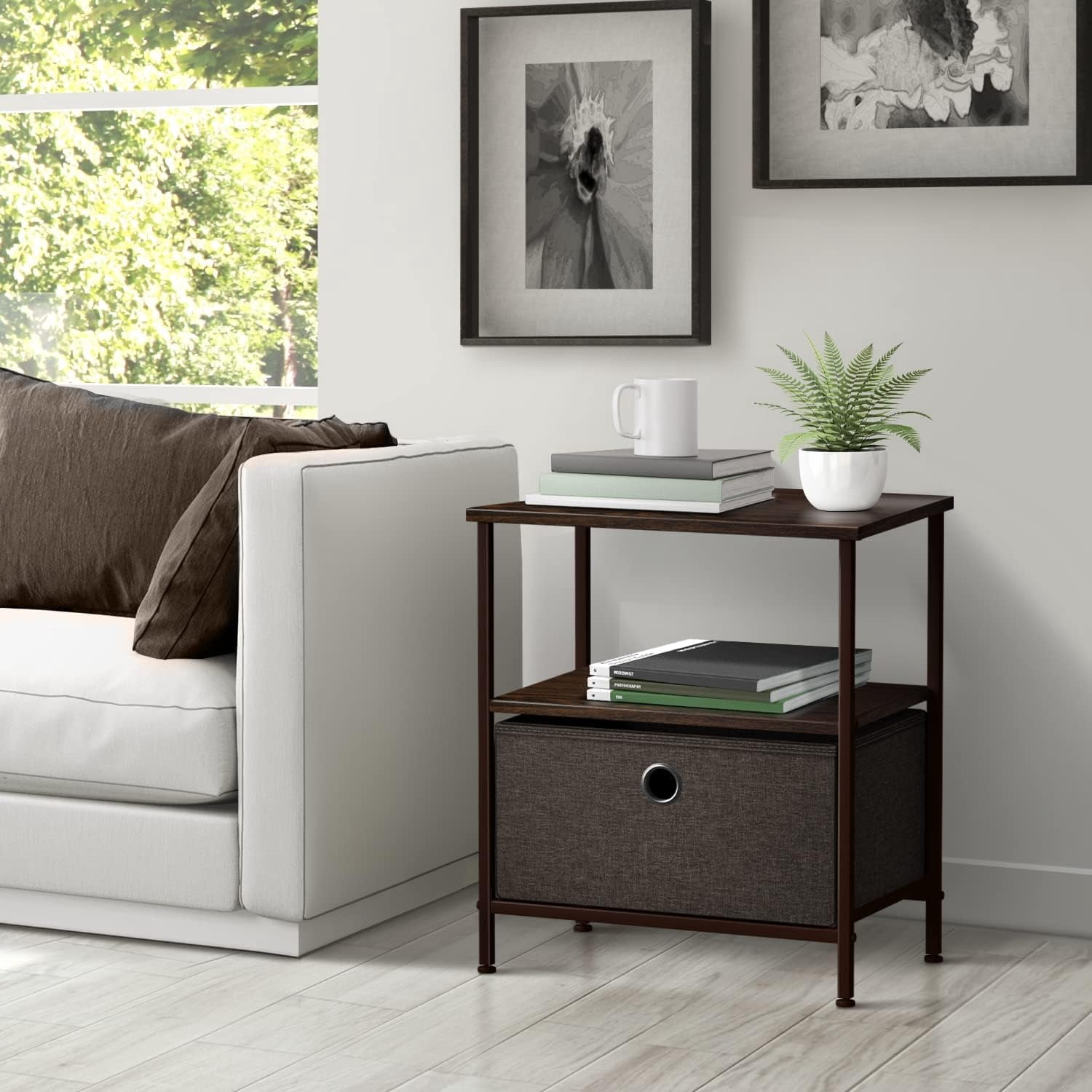 Sorbus 1-Drawer Nightstand with Fabric Drawer, Steel Frame and Open Shelf, Brown
