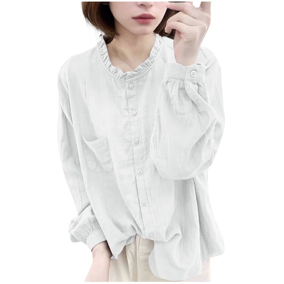 Annhoo Women's Linen Shirts Oversized Solid Color Crewneck Button Down Long Sleeve Blouses with Pocket Soft Clothes