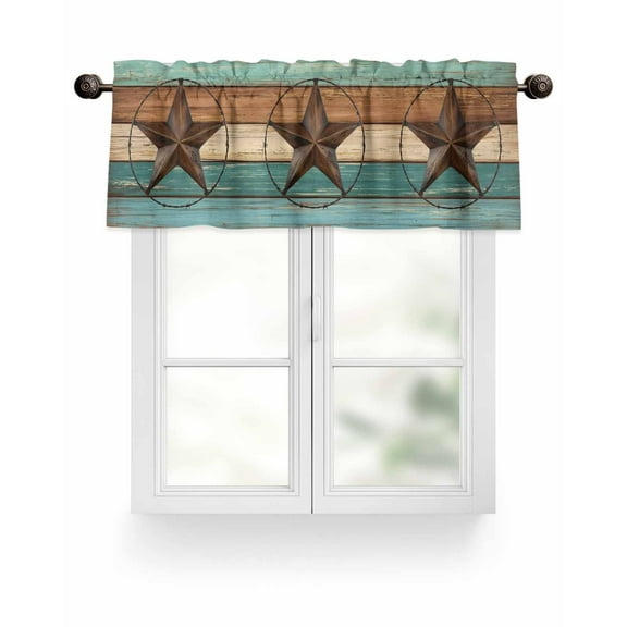 Farmhouse Barn Star Kitchen Valances for Windows Rustic Brown Teal Wood Texture Valance Curtains  for Kitchen /Living Room/Bedroom/ Bathroom Decor, 42"x12 " ,Rod Pocket 1 Panel,