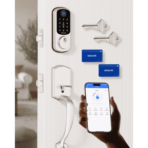 DESLOC B200 Silver Keyless Entry Door Lock with Handle Set, Smart Locks for Front Door, Deadbolt Smart Lock, Front Door Lock Set, Electronic Keypad Deadbolt with Handle, 12 Months Battery, IP54