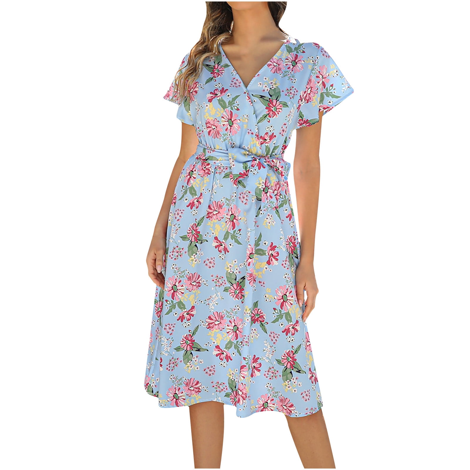 Fesfesfes Women Dress Spring Casual Bandage Floral Print Dress Short ...