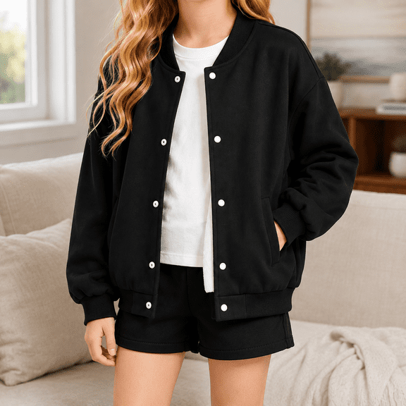 Girls Casual Bomber Jackets, Soft Fleece Lined Snap Front Long Sleeve Loose Fit Sweatshirt No Hood with Pockets for Spring and Fall Daily Wear, 8-9 Years