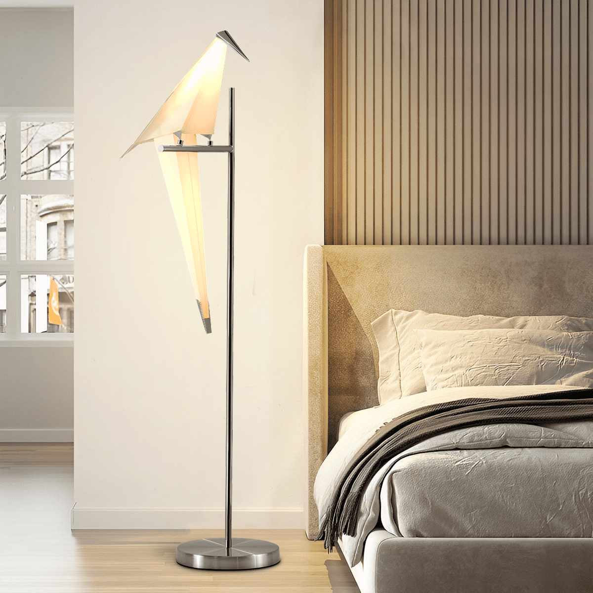 GMizon 63-inch modern high-end paper crane floor lamp, built-in LED living room floor lamp, bedroom study silver lighting fixture