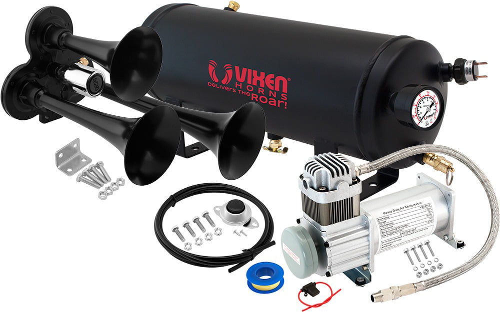 Vixen Horns Train Horn Kit for Trucks/Car/Semi. Complete Onboard System-  150psi Air Compressor, 1 Gallon Tank, 6 Trumpets. Super Loud dB. Fits