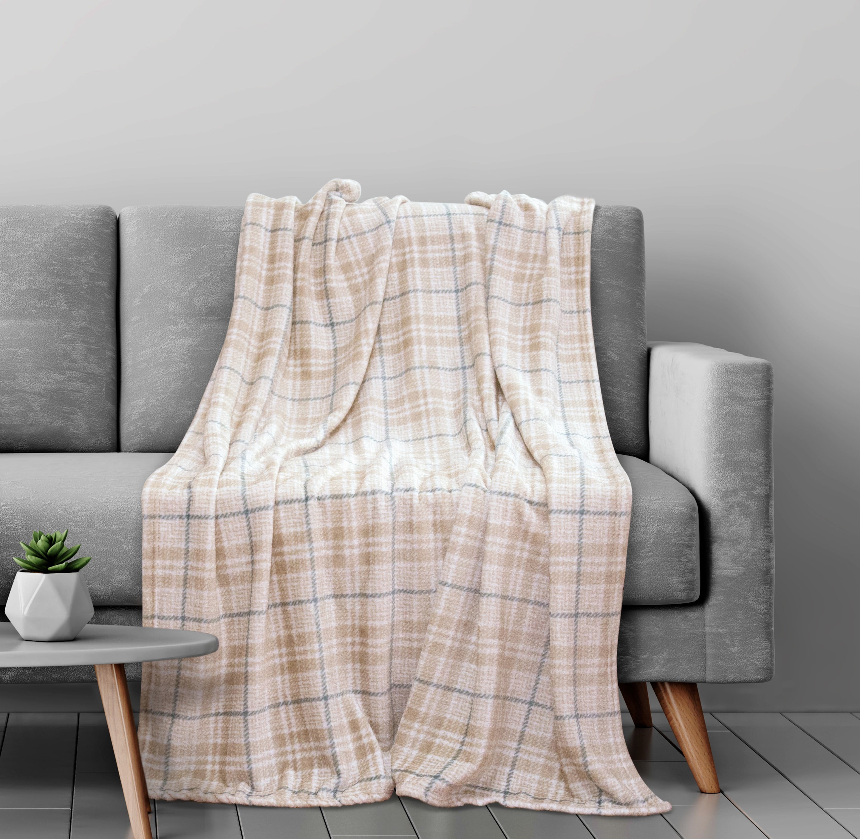 Mantolok Velvet Throw 50 x 60 inches, Brushed Check Tan Green