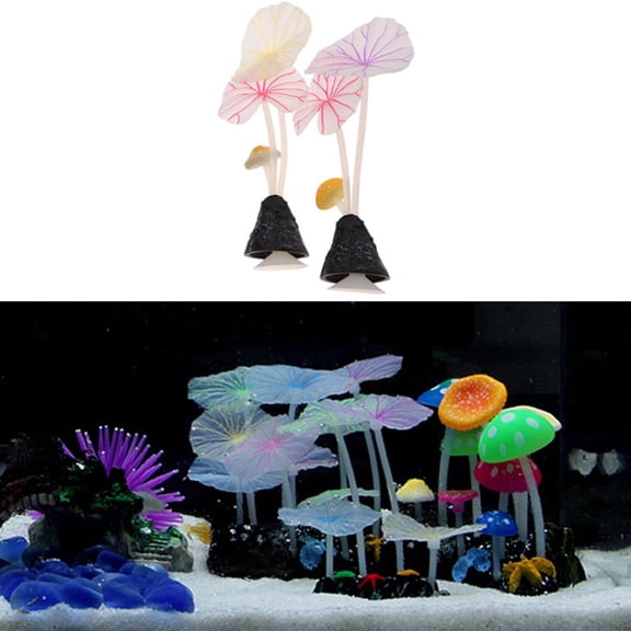 OUNONA 4Pcs Assorted Color Silicone Lotus Leaf Mushroom Aquarium Decoration for Fish Tanks