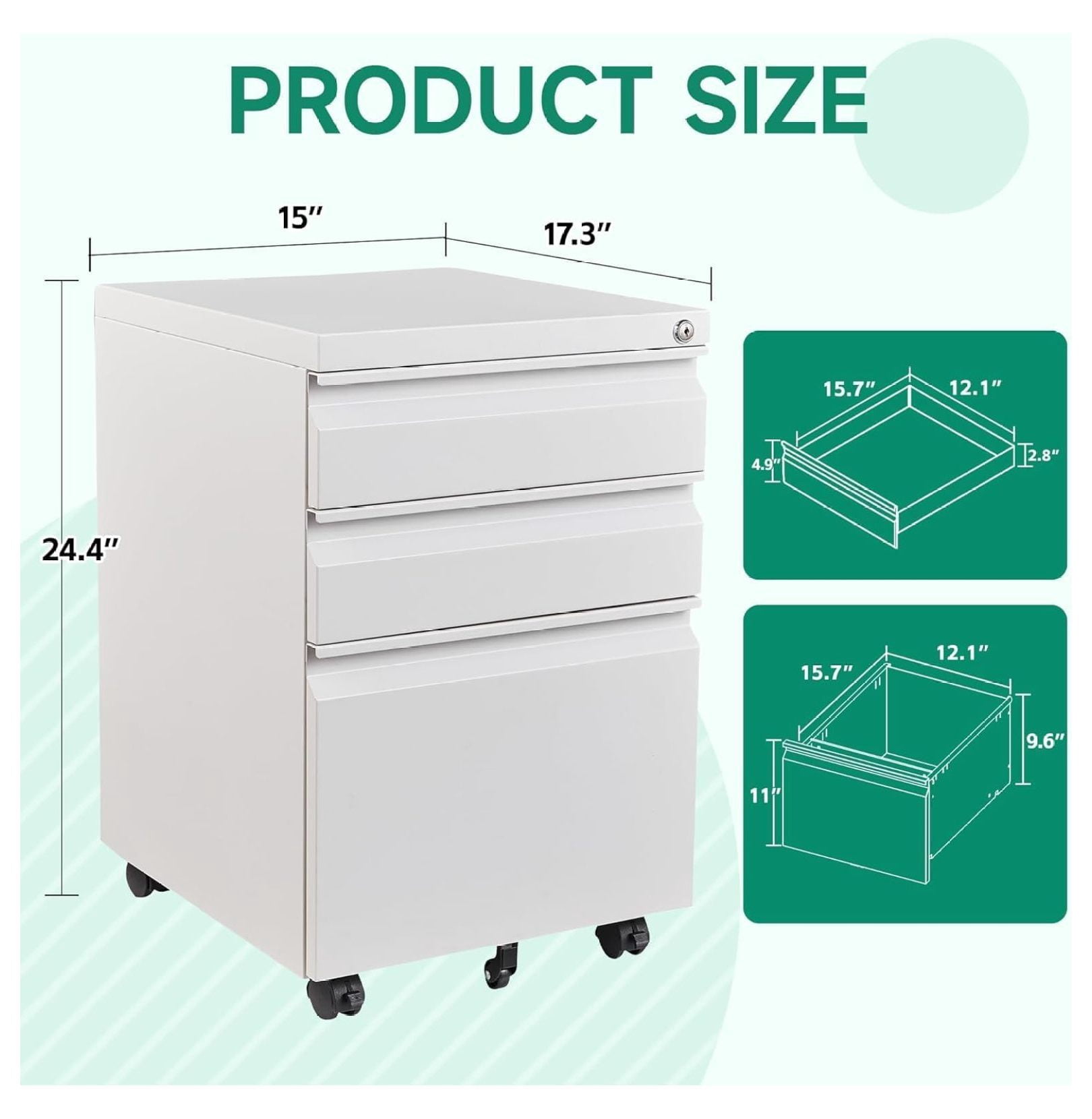 WDZS 3 Drawer Mobile File Cabinet with Lock, Under Desk Metal Rolling Filing Cabinets for Home Office Organizer Letters/Legal/A4 (White- Requires Installation) (White)