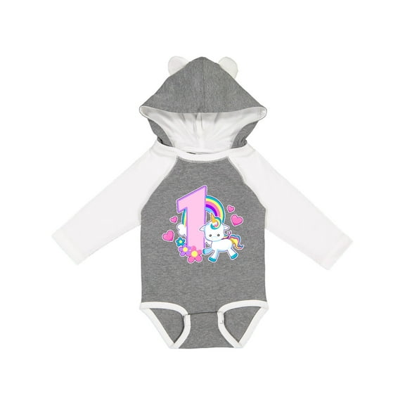 Inktastic I Am 1 Year Old with Unicorn and Hearts Girls Long Sleeve Baby Bodysuit