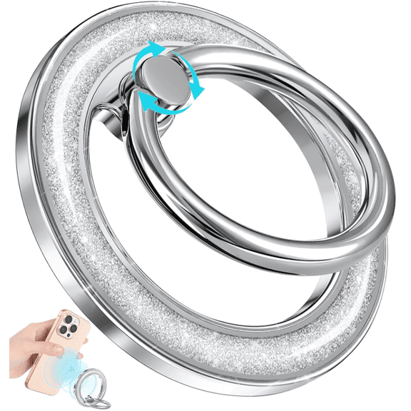 BelleLuxe Mobile Phone Ring Holders - Silver Glitter Magnet Removable Cell Phone Grip Stand Cute Sparkly