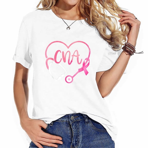 Womens T Shirt CNA Heart Stethoscope Pink Ribbon Breast Cancer Awareness Shirts Black 2X-Large