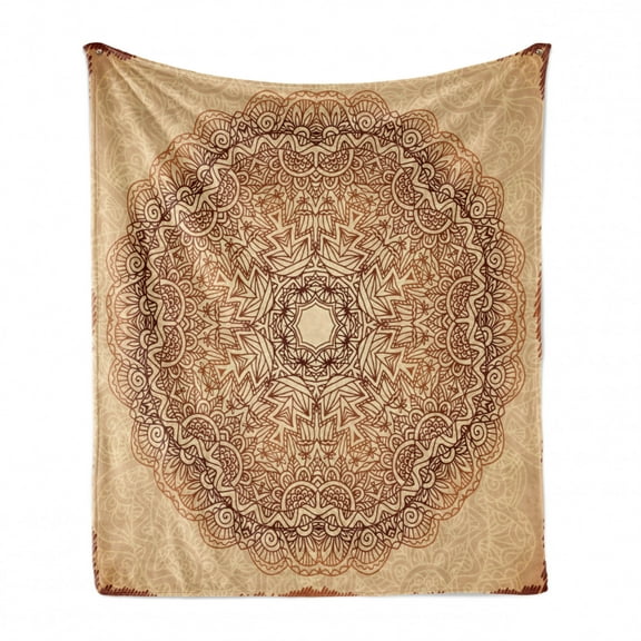 Brown Mandala Soft Flannel Fleece Throw Blanket, Vintage Ornate with Abstract Leaves on Silhouette Background, Cozy Plush for Indoor and Outdoor Use, 50" x 70", Brown Ginger Beige, by Ambesonne