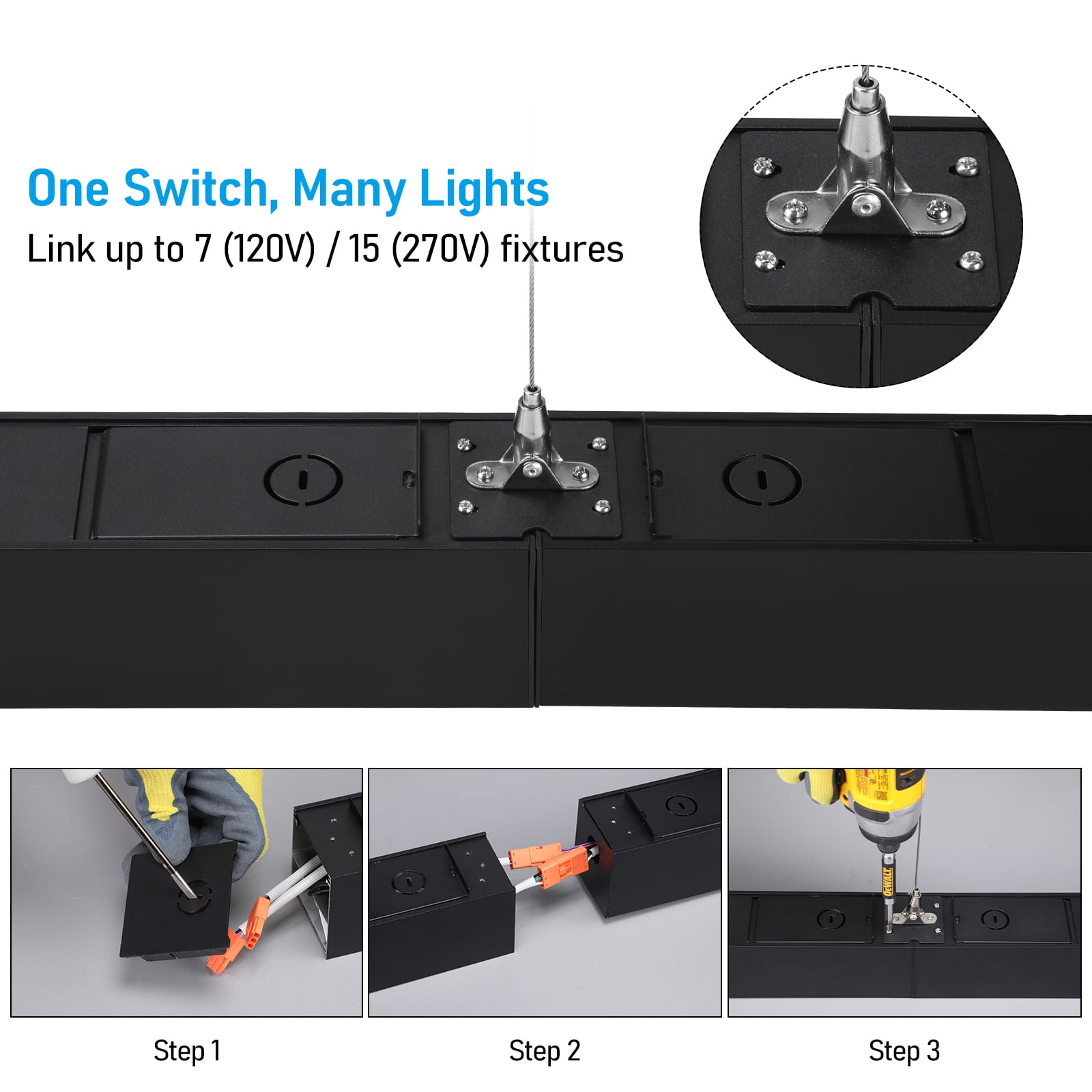 2 Pack 4FT 3CCT Linkable LED Linear Light Fixture, 60W Down and 25W Up Light Ultra Bright Suspended Shop Light for 18ft High Bay, AC 100-277V, 3000K/4000K/5000K Selectable, Black