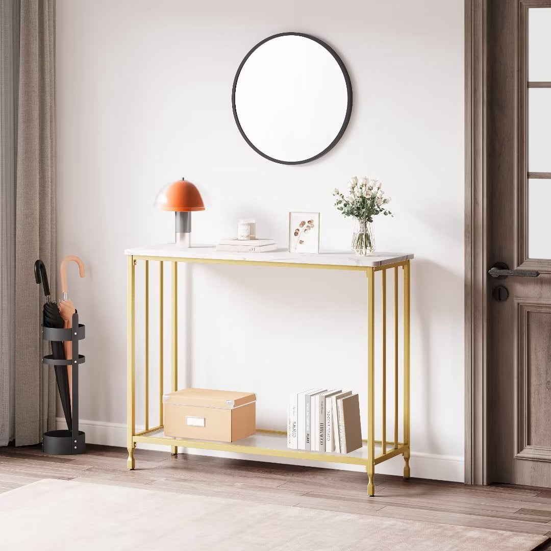Console Table, 33.5" Entryway Table with Glass Shelf, Industrial Hallway Table for Living Room Foyer, Gold