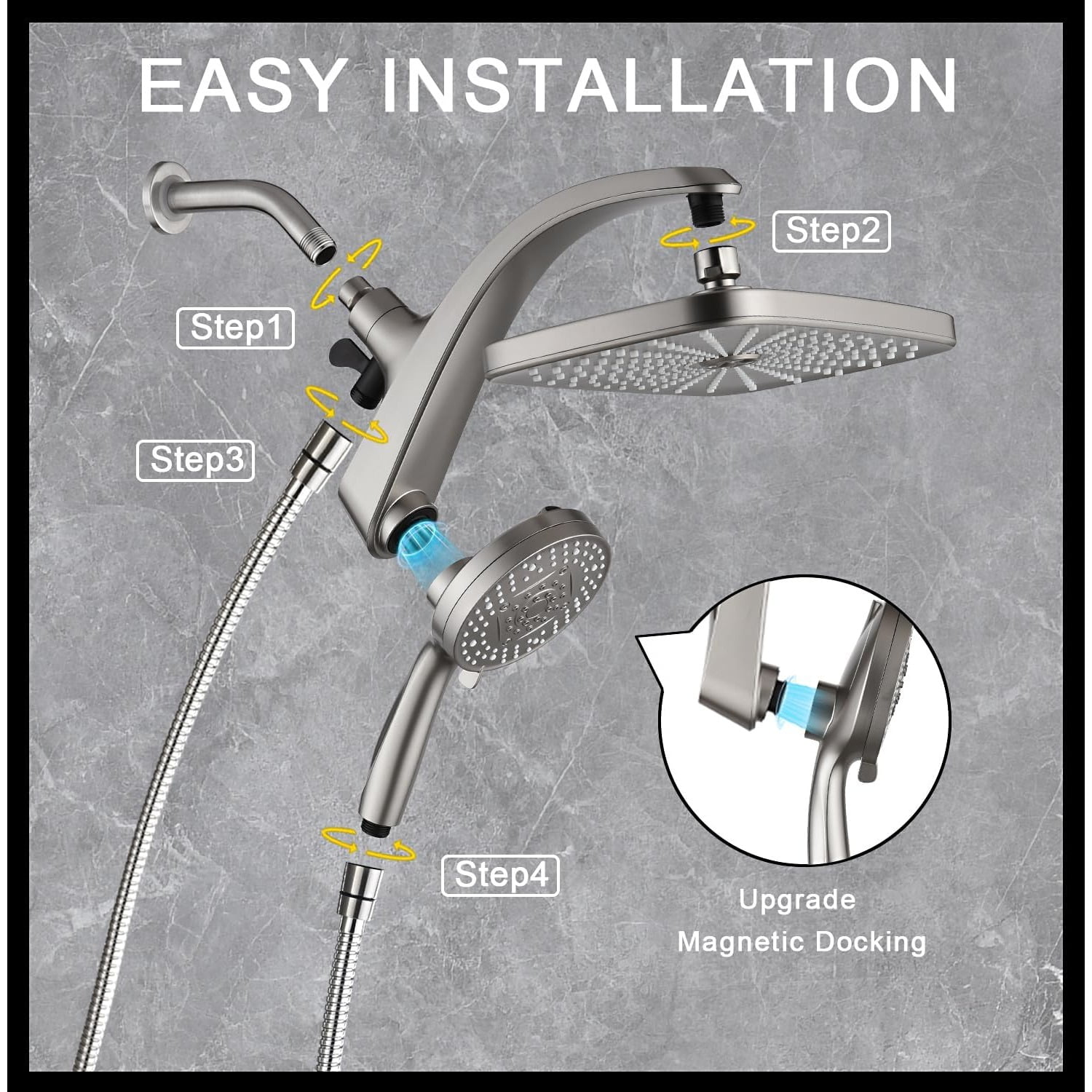 High Pressure Rain Shower Head: Upgrade Shower Heads with Handheld Spray Combo with Fixed Showerhead and 10 Sprays Handheld Shower Head, Detachable Shower head Built-in Magnetic Docking