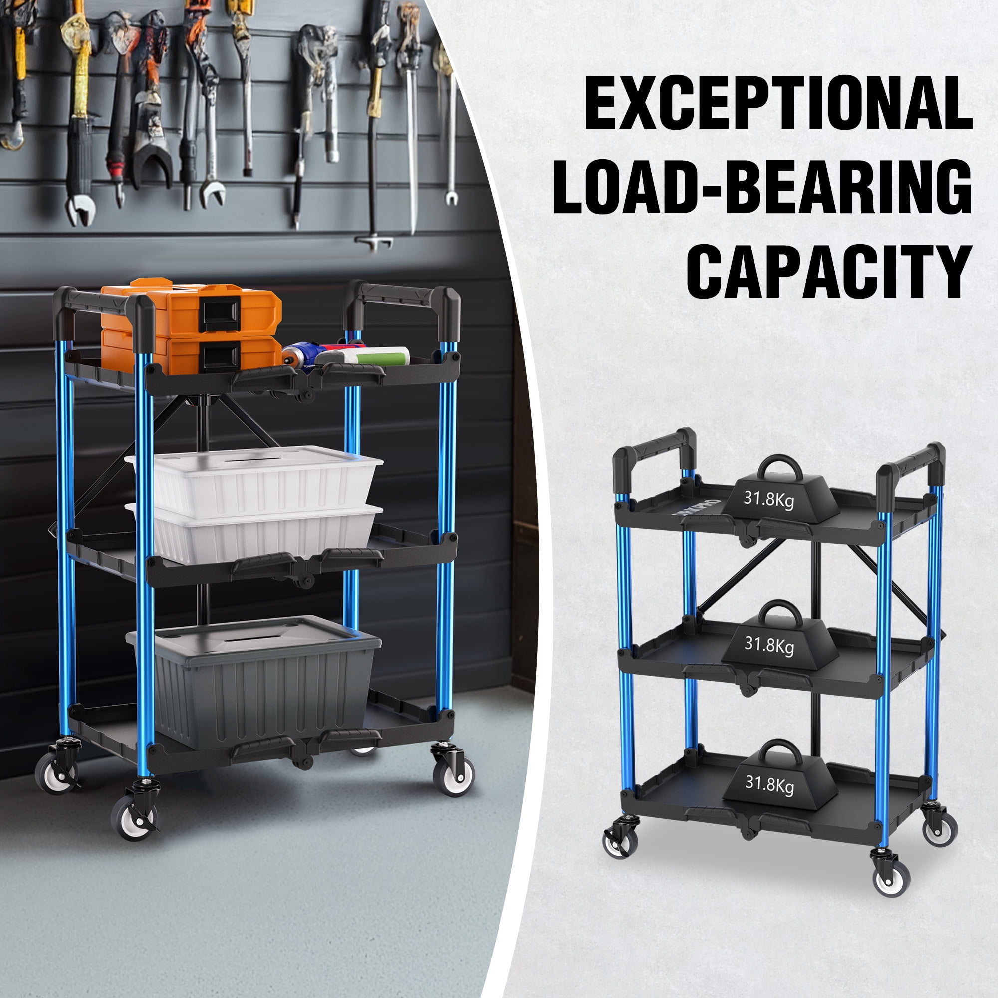 WORKPRO 3-Tier Folding Collapsible Service Cart with Wheels, 210 Lbs Loading Capacity, Foldable Rolling Utility Cart for Garage, Warehouse, Home, Restaurant, Office