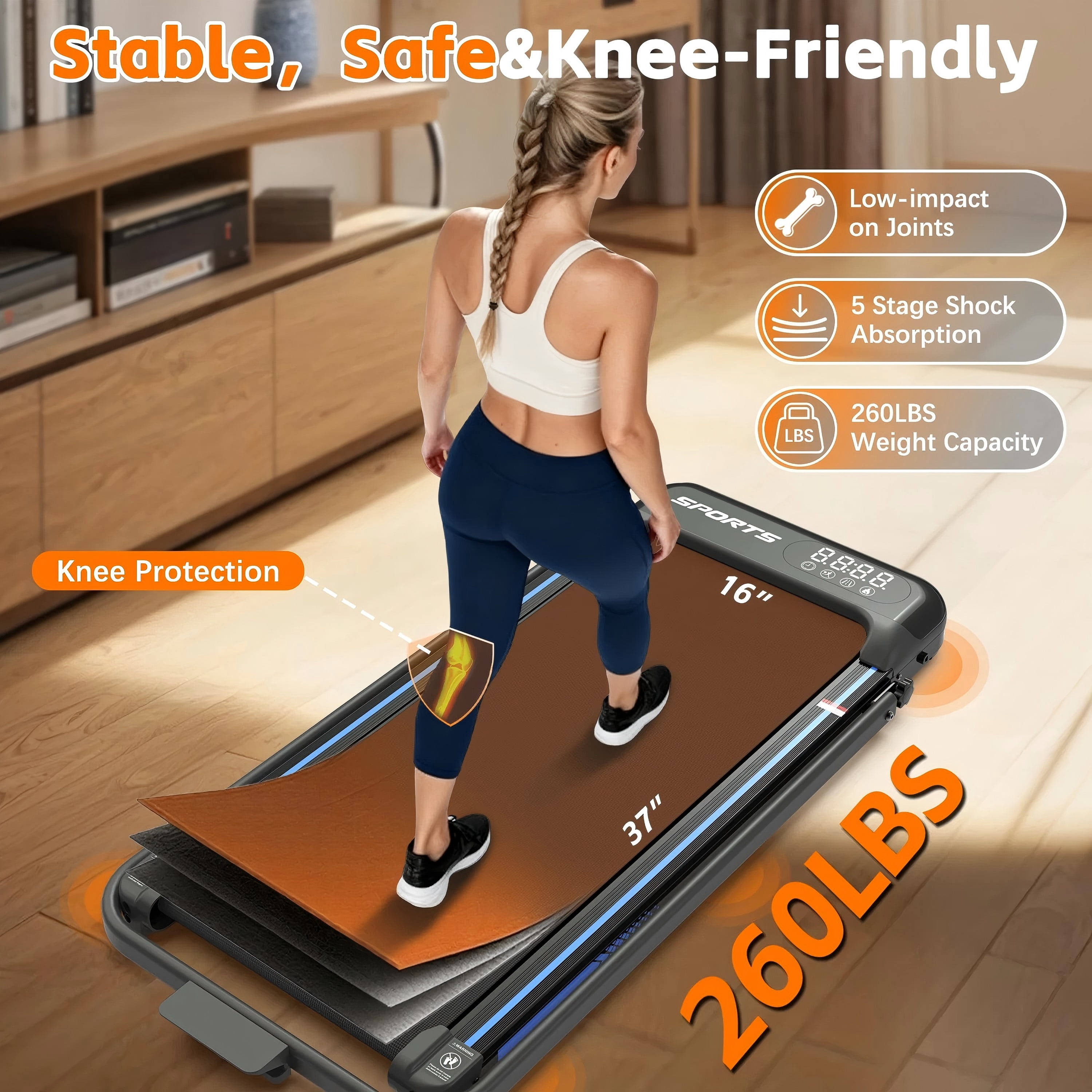 4 in 1 Treadmill Under Desk 0.6–5.0 MPH Romote Foldable Walking Pad, Incline Knee Friendly LED Ultra-Quiet Treadmill For Home Office, Black