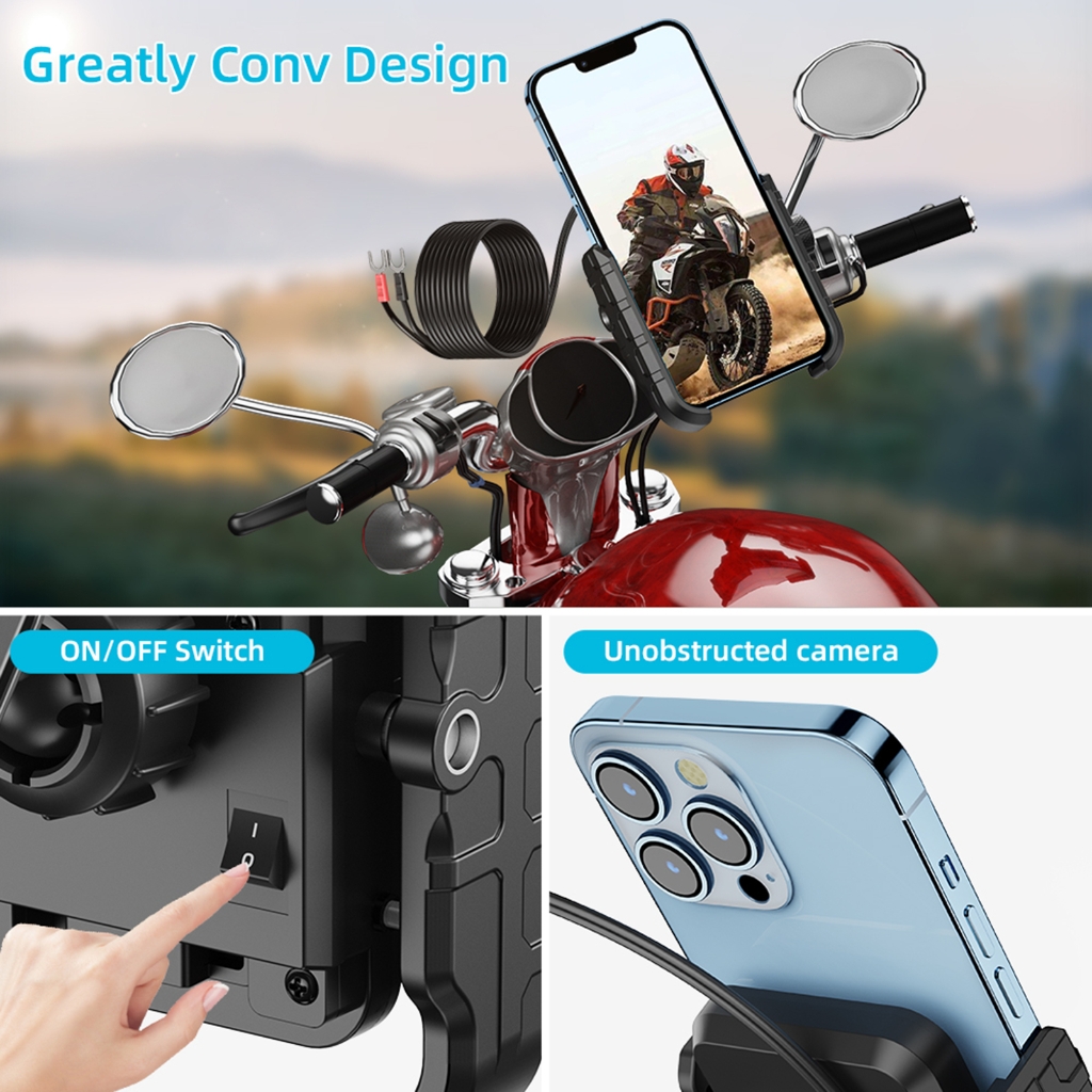 Aurgiarme Motorcycle Phone Mount Charging Stand 2 in 1 USB3.0 Fast Charging Motorcycle Cellphone Holder Handlebar Base