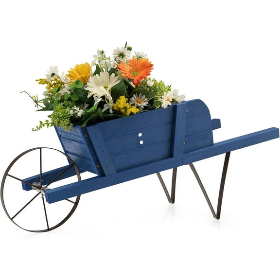 Wooden Wagon Planter, 27.5" x 10.5" x 11.5" Decorative Wheelbarrow Cart Plant Pot with Long Handles & Mental Supports, Single Wheel Movable Garden Flower Cart Planter for yard, backyard (Blue)