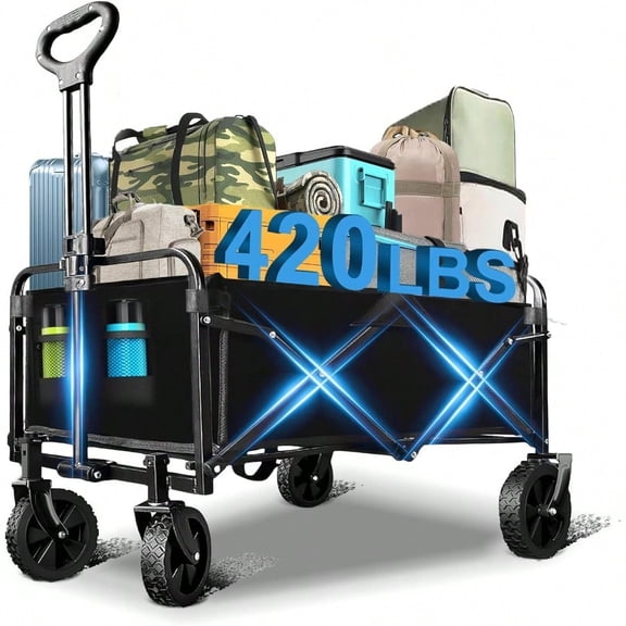 Wagons Carts Foldable Collapsible Wagon With AllTerrain Wheels 420lbs Weight Capacity Heavy Duty Utility Wagon With Drink Holders For Beach Garden Camping Shopping Groceries Sports