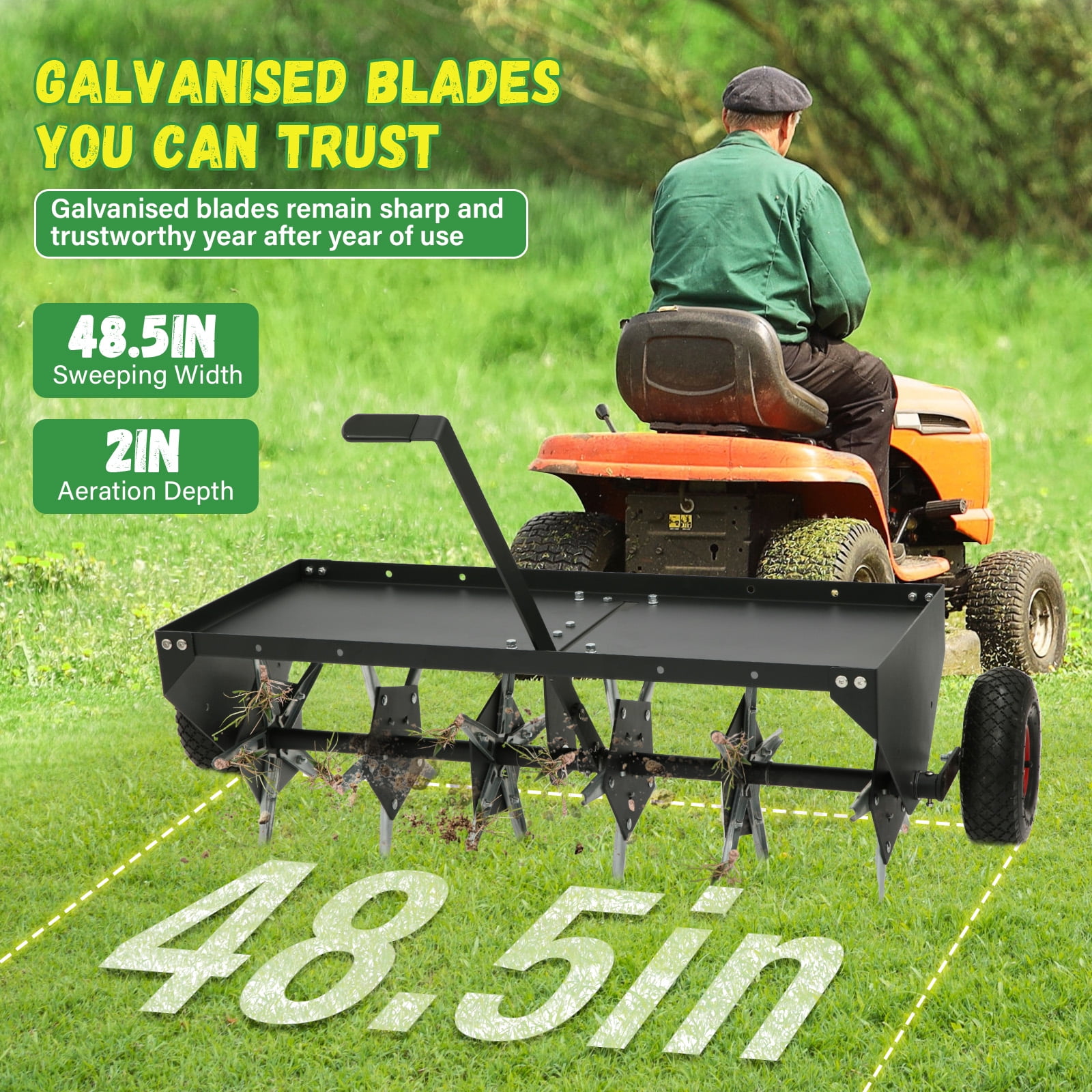 48-Inch Tow Behind Lawn Plug Aerator with Universal Hitch, Lawn Aerator Tow Behind with 30 Galvanised Steel Tines,Tray and Inflatable Wheels for Gardens, Lawns, Farms