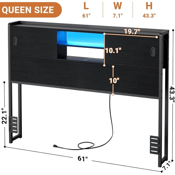 Storage Headboard with Sliding , Bookcase  board with Charging Station & LED Lights