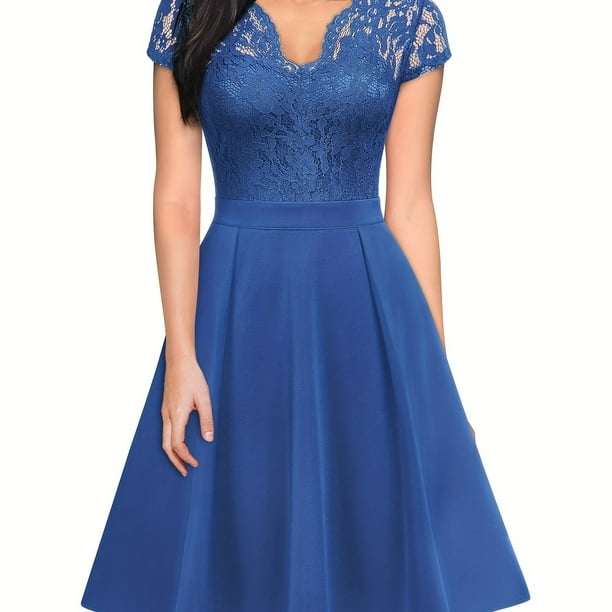 Vestido De Línea A De Encaje En Contraste Con Cuello En V, Elegante Vestido De Manga Corta Para Fiesta, Ropa De Mujer