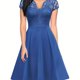 thumbnail image 1 of Vestido De Línea A De Encaje En Contraste Con Cuello En V, Elegante Vestido De Manga Corta Para Fiesta, Ropa De Mujer, 1 of 4
