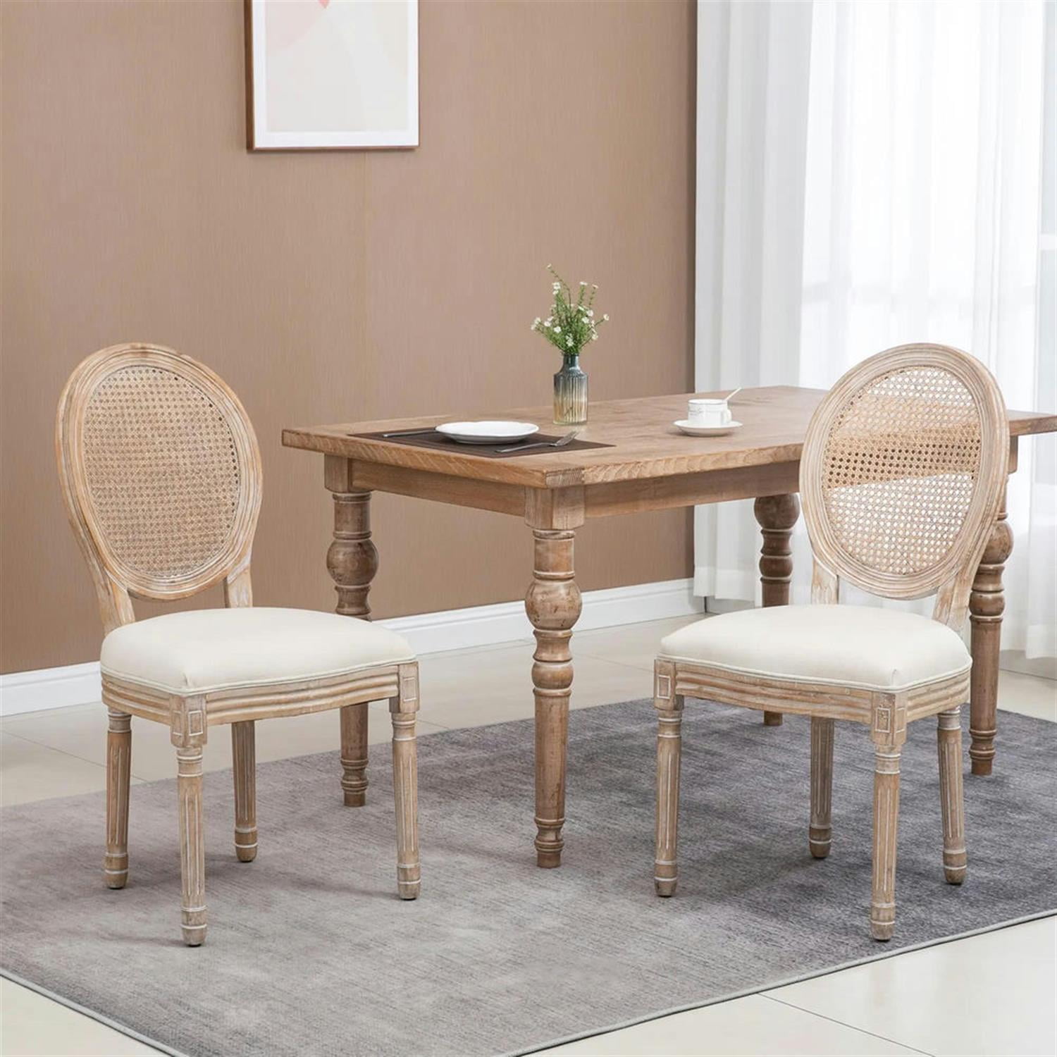 Demi Bonn Dining Chairs Set of 2, French-Style Upholstered Dining Room Chairs with Rattan Backrest and Linen-Touch Upholstery for Kitchen Restaurant, Living Room, White
