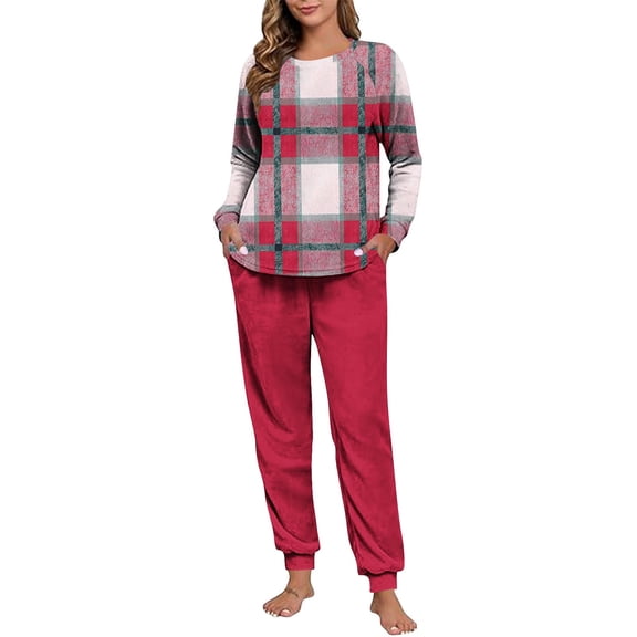 Maplenight Fleece Pajamas for Women Set Oversized Thermal Winter Sleepwear Long Sleeve Plaid Pjs and Joggers 2 Piece Lounge Sets