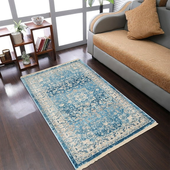 RUGSOTIC CARPETS Machine Woven Crossweave AREA RUGS - 6'x9', Rectangle,Blue,Classic Oriental Traditional , Low Pile Machine Made Area Rugs for Living Room, Bed Room (M00082)