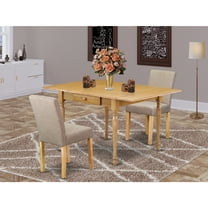 East West Furniture 1MZAB3-OAK-04 3Pc Dinette Set Contains a Small Dining Table and 2 Parsons Dining Chairs with Light Fawn Color Linen Fabric, Drop Leaf Table with Full Back Chairs, Oak Finish
