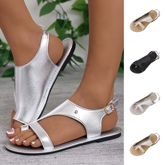 Women's Thong Flat Sandals with Metallic Finish, Casual Slingback Flip Flops for Summer Spring, Comfortable Faux Leather Walking Shoes for Outdoor Daily Wear, Adjustable Buckle for Secure Fit