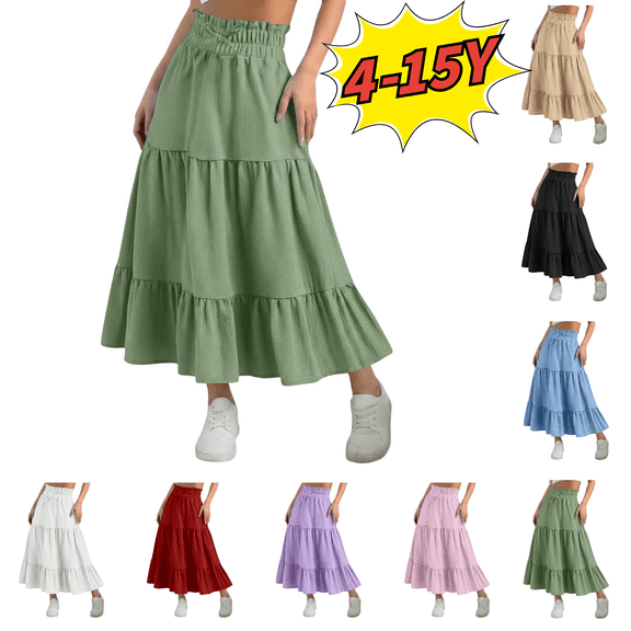 Utoimkio Girls Tiered Maxi Skirt High Waisted Drawstring Long Skirts Summer Casual Boho Flowy Flare Hem Holiday Swing Skirts Ages for 4-15 Years
