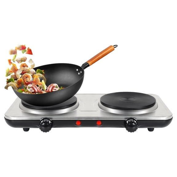 Uten Electric Double Burner, 2000W Portable Electric Hot Plate for Frying, Cooking, Silver