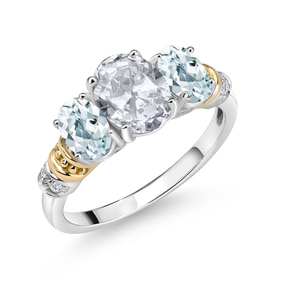 Gem Stone King 925 Sterling Silver and 10K Yellow Gold Oval White Topaz Sky Blue Aquamarine and White Diamond 3 Stone Ring for Women (2.53 Cttw, Gemstone November Birthstone, Size 6)