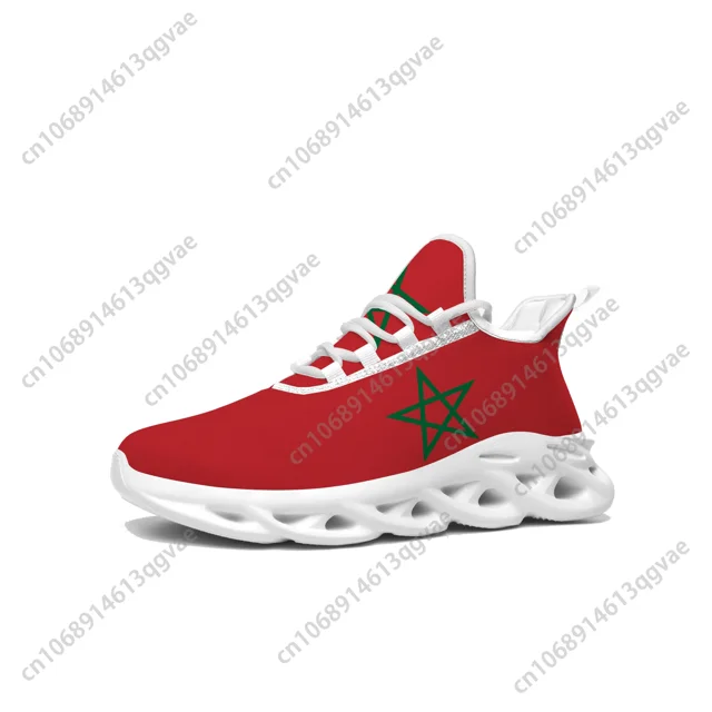 Zapatillas deportivas planas con bandera marroquí para hombre y mujer, calzado deportivo marroquí de alta calidad con cordones de malla, calzado a medida, color blanco