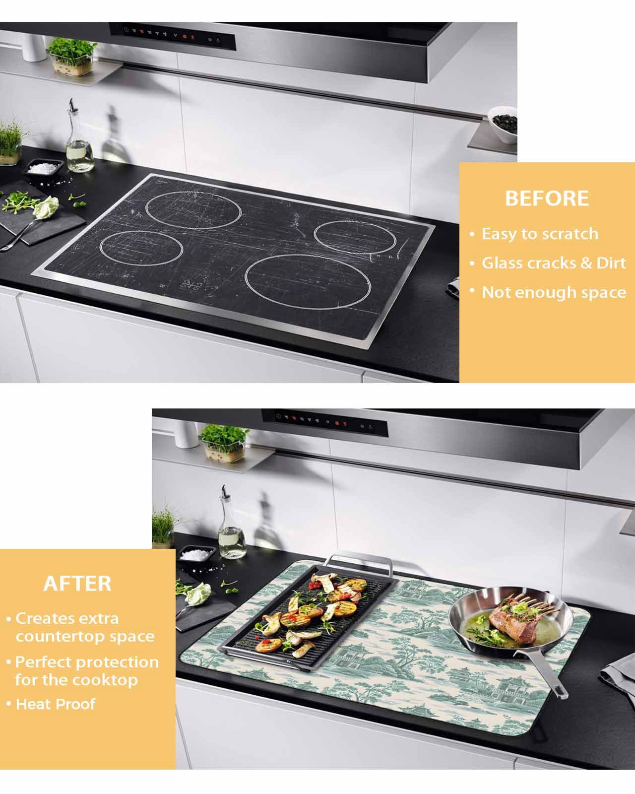 nqOlkjepod Large Induction Cooktop Protector Mat 24"x21", Teal Garden Stove Top Covers for Electric Stove, Modern Art Building Trees Rock Landscape Stove Burner Cover Mats, Glass Top Stove Cover