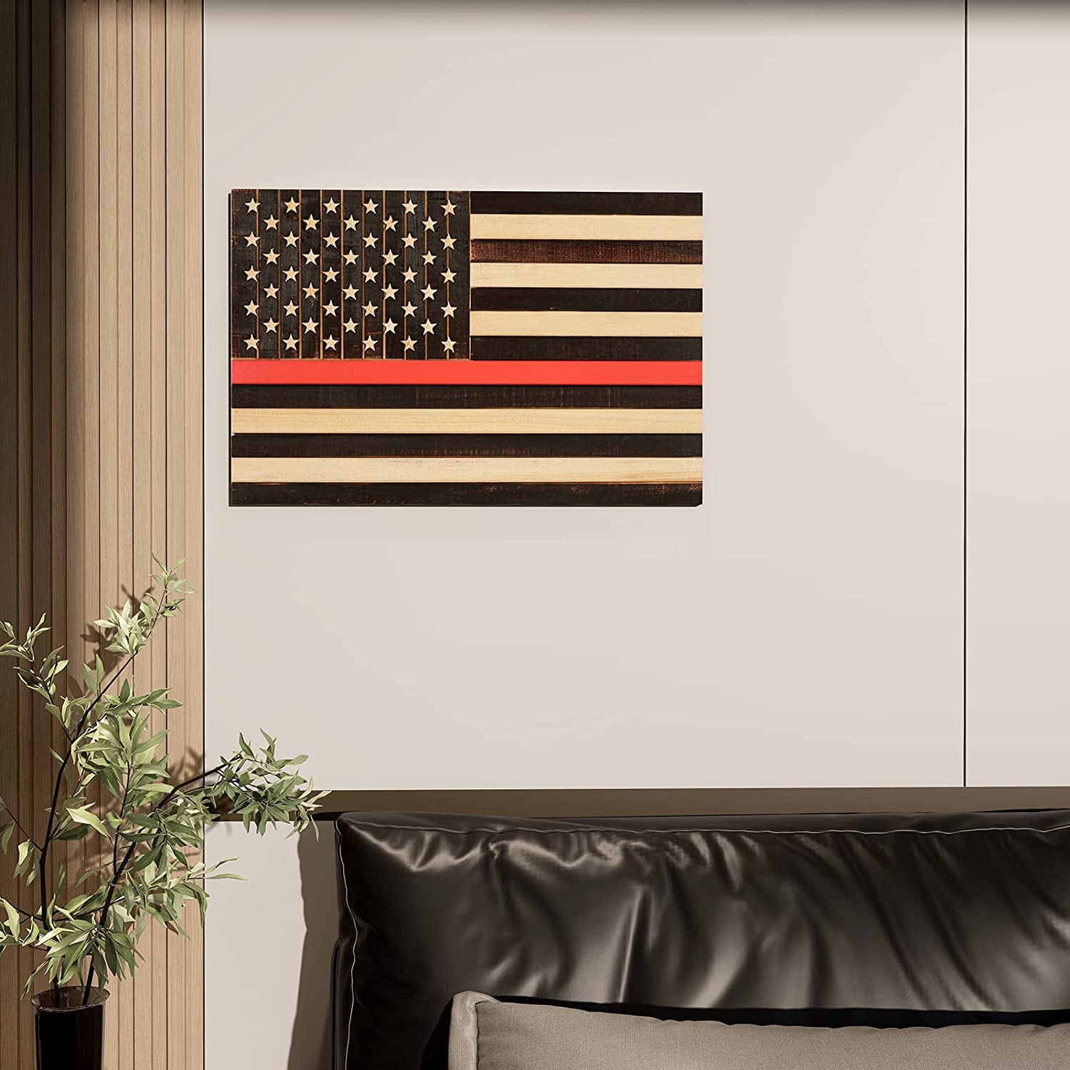 CONSDAN Wooden American Flag Wall Decor, Handcrafted Wall Art, USA Grown Hardwood, Rustic Wood Wall Flags, American Flag Wall Art, American Flag Decor | Thin Red Line, 24"x16"