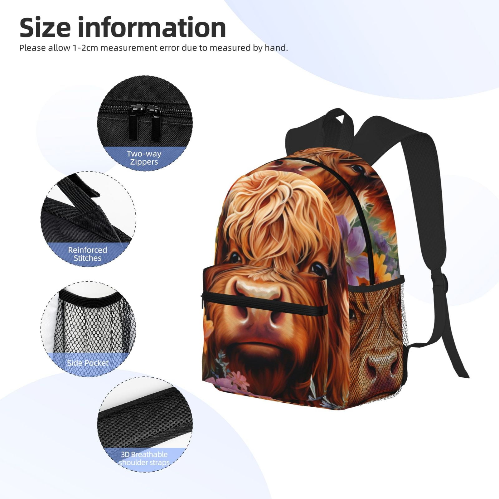 Horeoi Countryside Colorful Floral Cow Print Casual Backpack for School Work Travel Hiking with Laptop Compartment and Side Pockets Lightweight Design