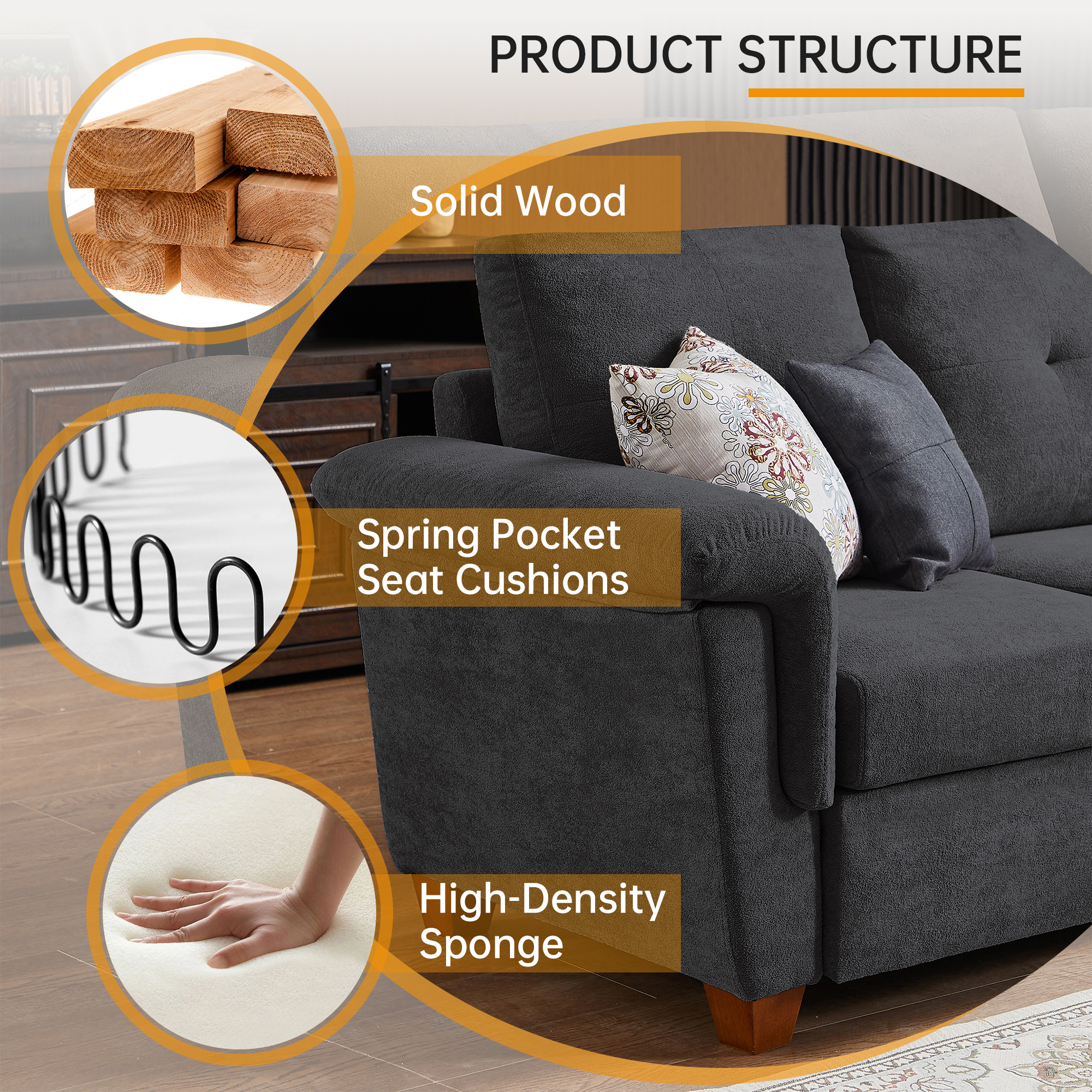 Jarenie Modern Microfiber 4 Seat L Shaped Sectional Sofa, Dark Grey