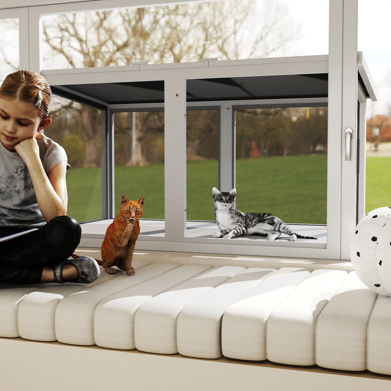 Gowoodhut 46.85" L Cat Window Box,Wooden Cat Window Enclosure for 1-3 Cats,Window Catio Outdoor Enclosure