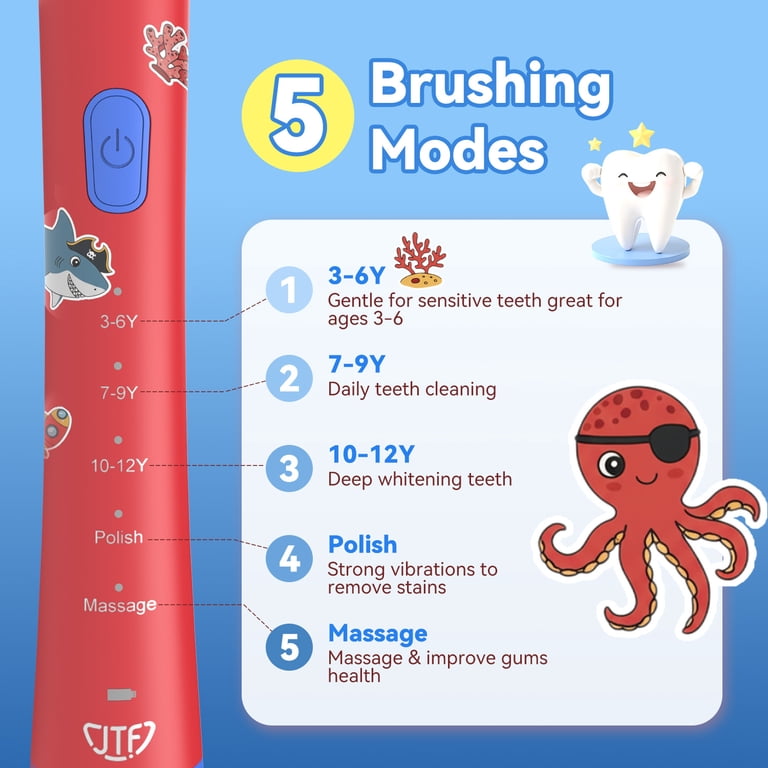 JTF Kids Sonic Electric Toothbrush With 6 Brush Heads, Red photo 3