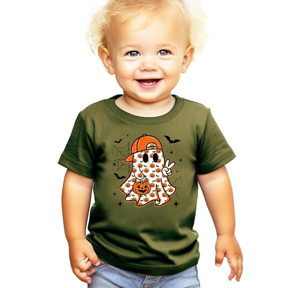 Trendy Ghost Peace Sign Shirt for Youth and Toddler Boys Fall Halloween T-Shirt Military Green Shirt Youth Medium