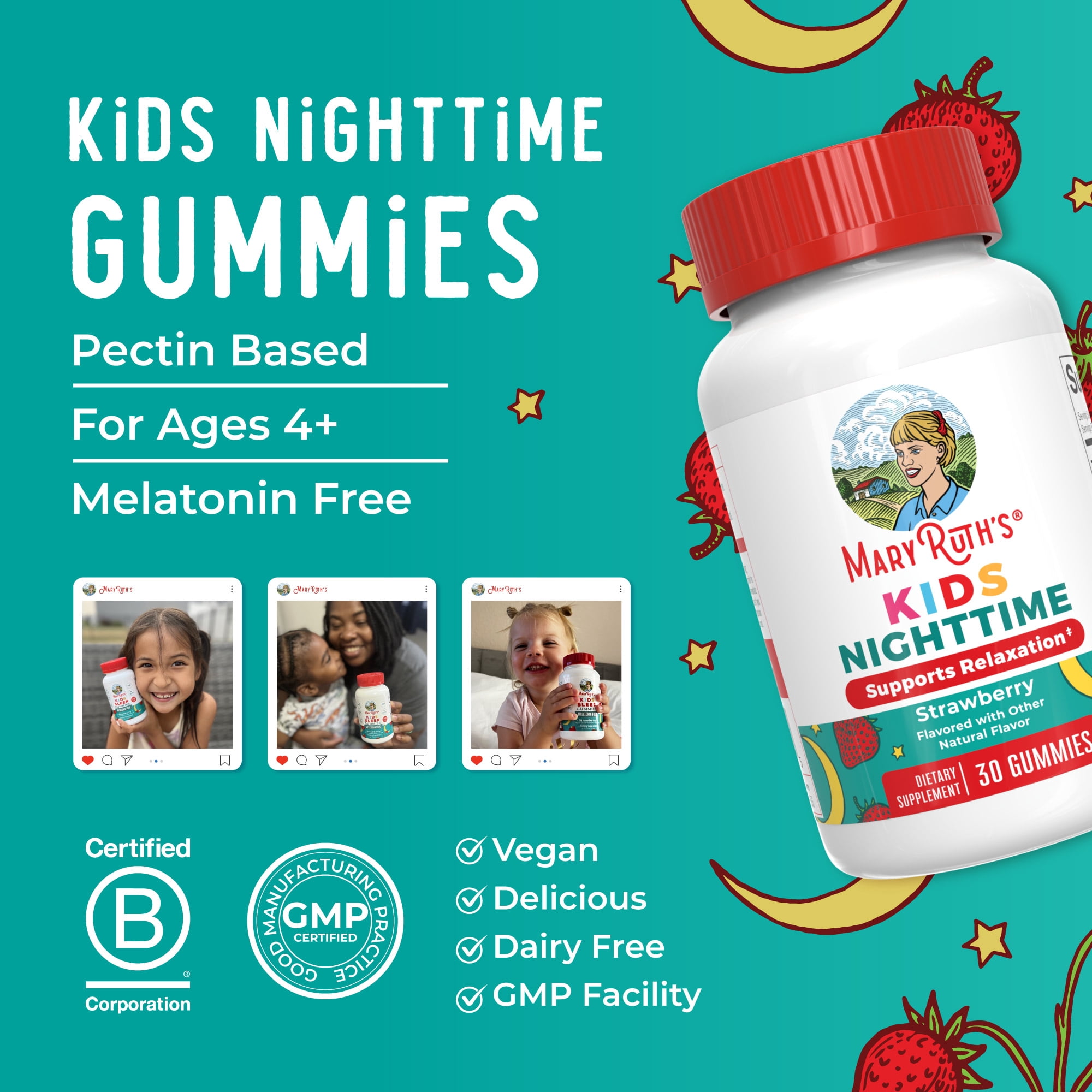 MaryRuth Organics Kids Nighttime Gummies, Strawberry, 30 Count, Sleep Support Supplement, L-Theanine