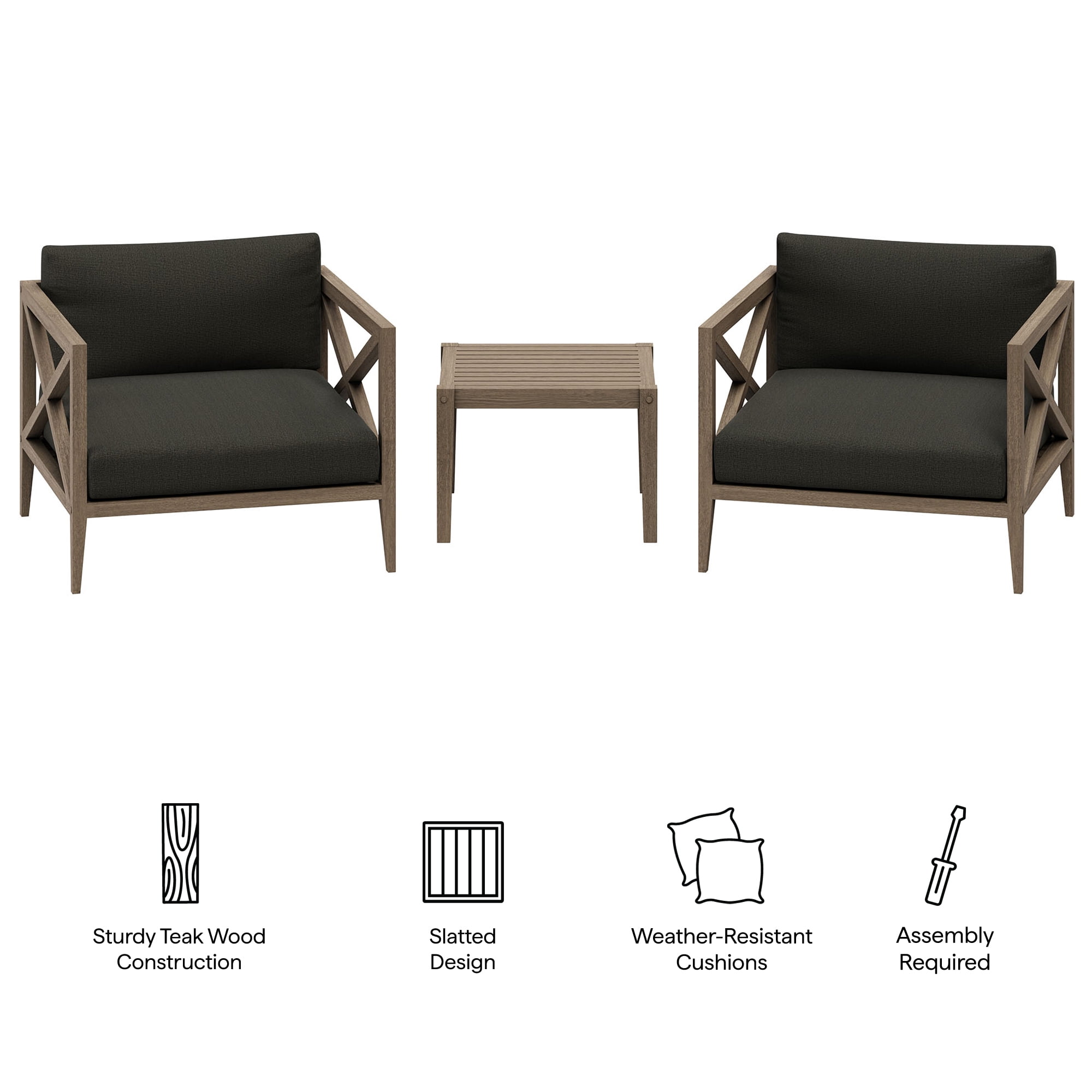 Northlake 3-Piece Outdoor Teak Wood Furniture Set with Armchair and Side Table